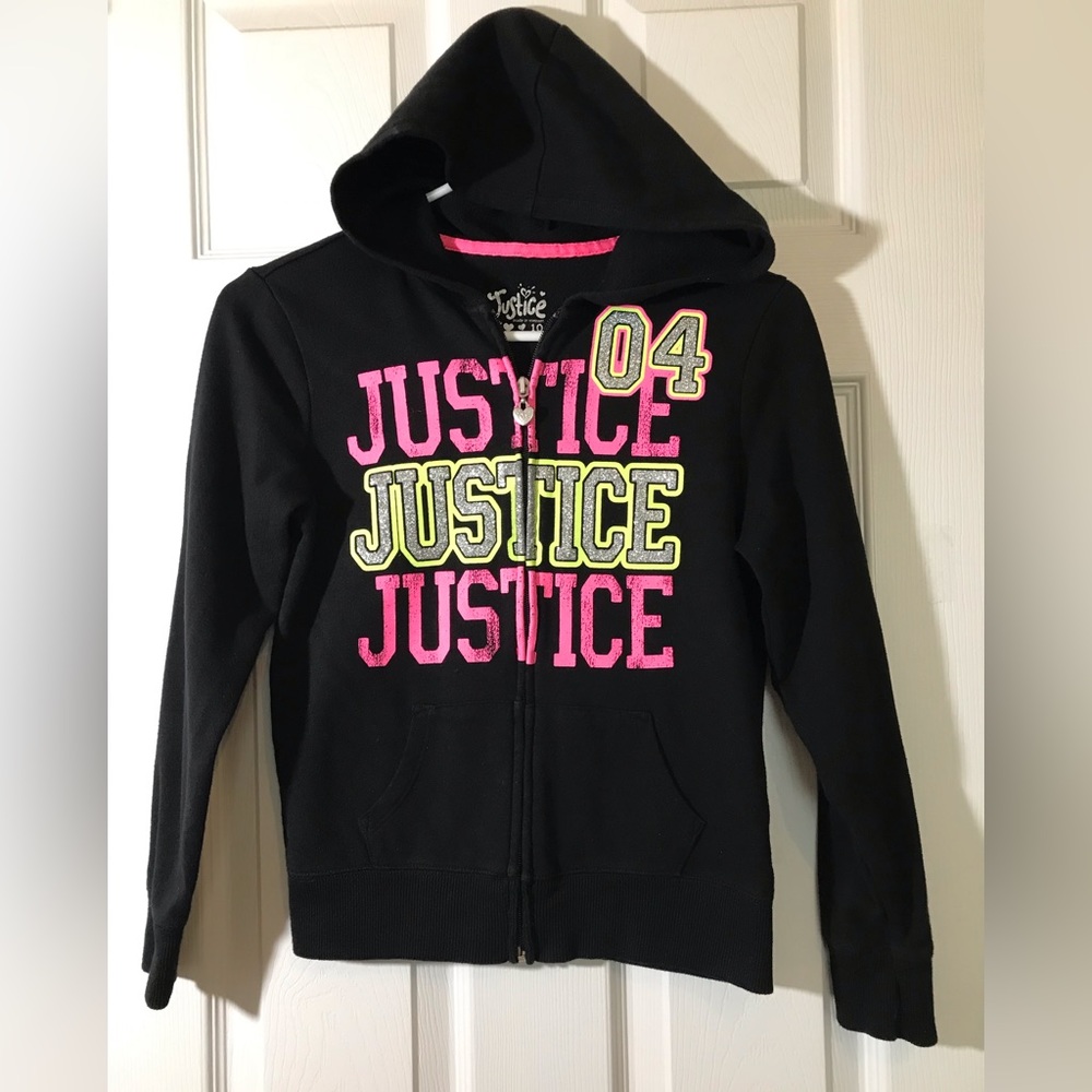Justice girls bold glitter full zip hoodie black size 10